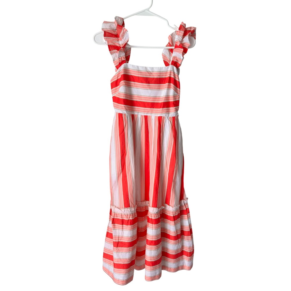 J.Crew Pink Orange Striped Ruffle Strap Midi Dress BS603 P0 NEW